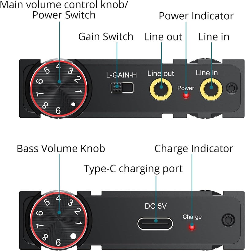 YGiTK 16-600Ω Portable Headphone Amplifier with Bass Boost,3.5mm HiFi Earphone Amplifiers,Gain Switch Bass Volume Adjust,Rechargeble and Aluminum Matte Surface Headphone Amp for Phones,iPad,MP3,MP4 - Image 5